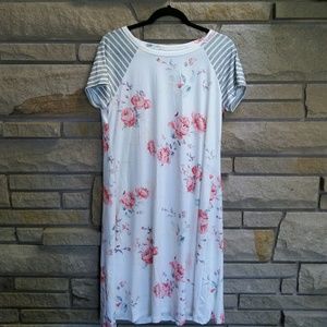 Forever 21 Dresses - White & pink floral grey stripe t-shirt dress Forever 21 Dresses - White & pink floral grey stripe t-shirt dress